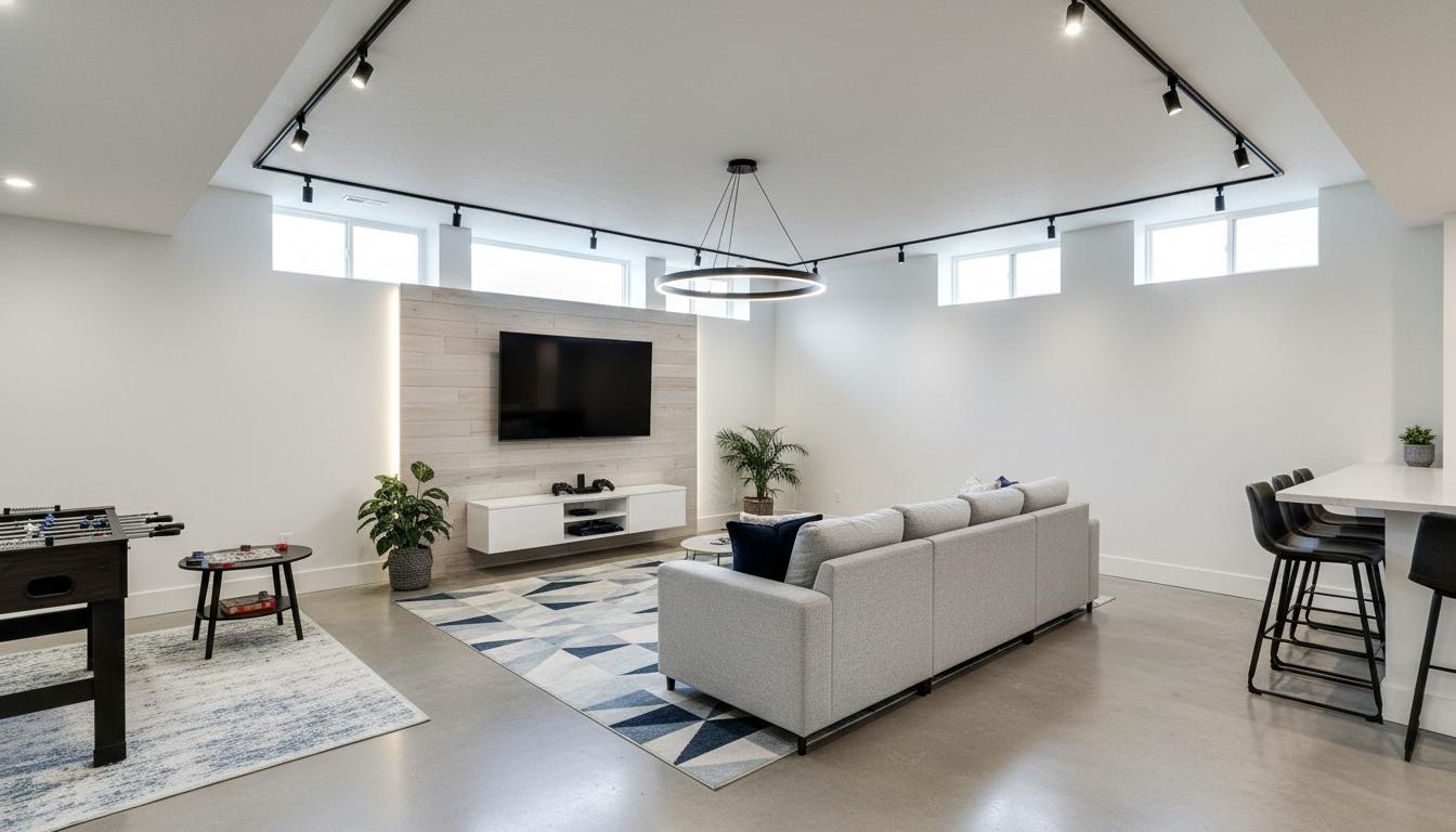 Finished basement drywall installation Calgary — moisture-resistant board, Level 4 finish
