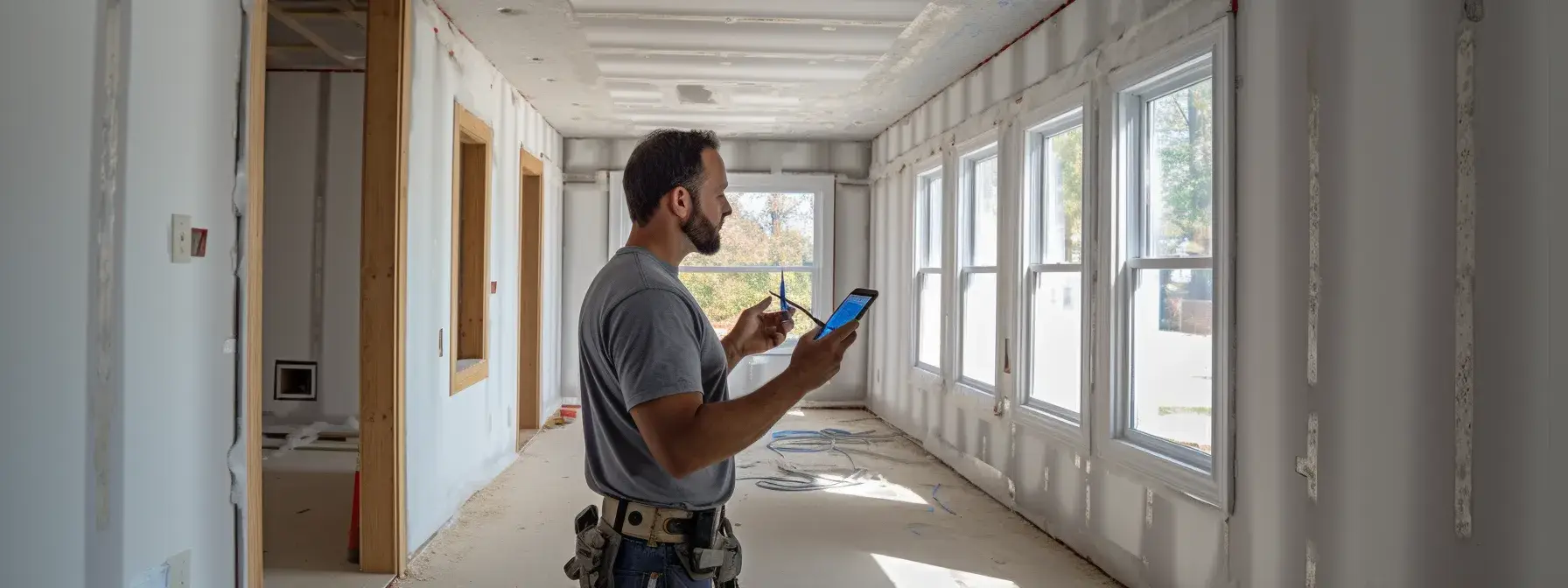 a homeowner examines certifications and online reviews while choosing a drywall company.