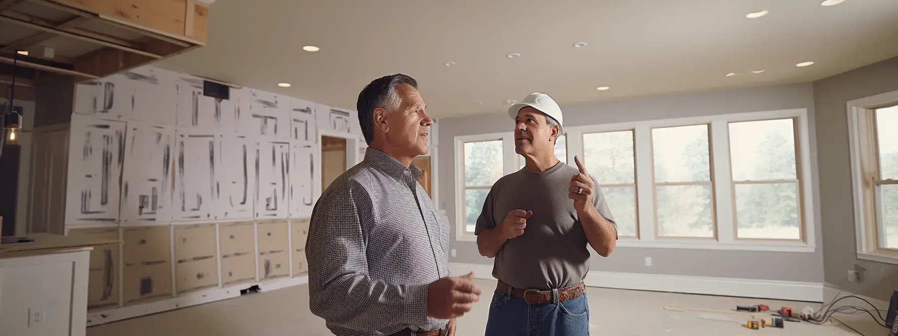 a professional drywall contractor discussing options with a homeowner in a basement.