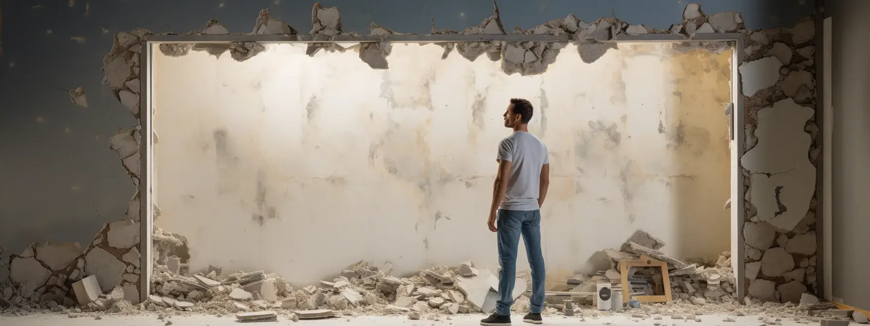 a person standing in front of a damaged drywall, contemplating whether to tackle the repair themselves or hire a professional.