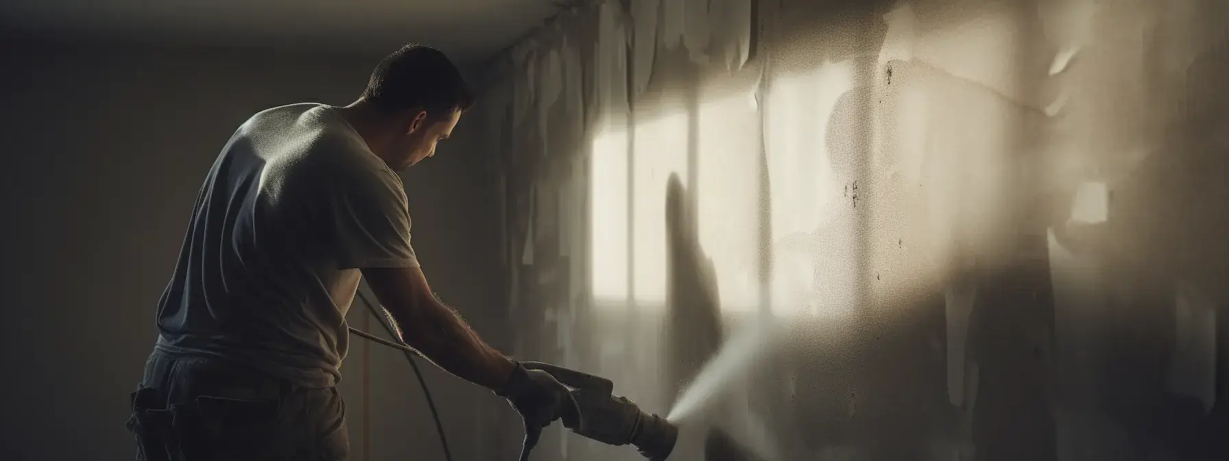 a person sanding a wall in a basement to achieve a smooth finish.