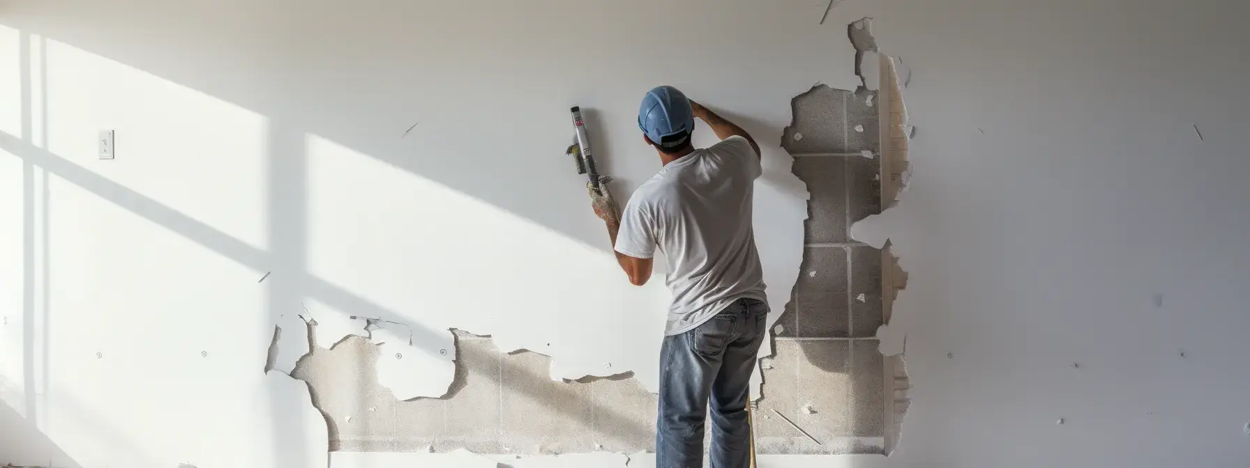 a person learning drywall repair skills by studying a repair manual and practicing on a damaged wall.